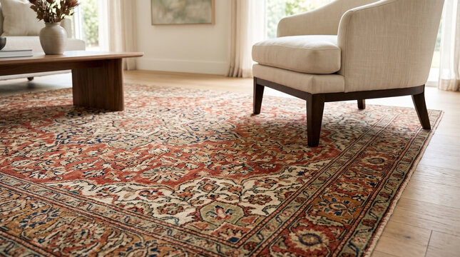 Persian rug interior with intricate floral patterns in bright living room. Traditional Persian rug interior covers wooden floor near armchairs. Classic Persian rug interior for home decor catalog.