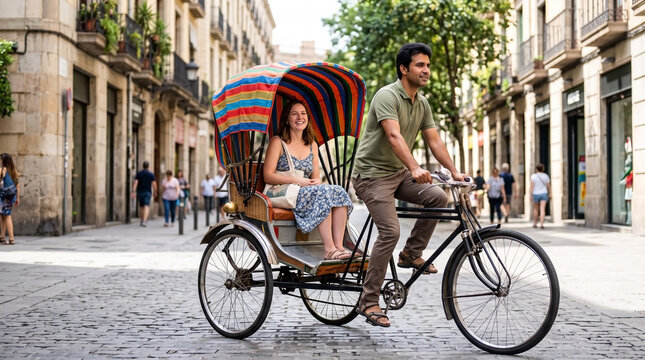Bicycle rickshaw ride through historic cobblestone street with happy woman passenger and driver. Bicycle rickshaw ride features colorful canopy. Leisurely bicycle rickshaw ride for urban tourism.