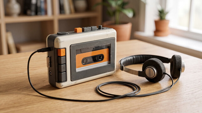 Retro walkman player on light wood desk with corded headphones and potted plant in background. Retro walkman player displays orange cassette tape. Nostalgic scene with retro walkman player for ad.