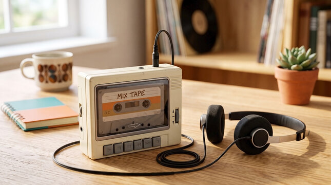 Vintage portable cassette player rests on wooden desk with black headphones and patterned mug. Portable cassette player includes analog tape inside clear window. Concept portable cassette player.