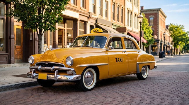 Classic yellow taxi on vintage cobblestone street. Iconic retro yellow taxi parked in front of historic buildings during day. Authentic yellow taxi for travel guide, history book, or advertisement.