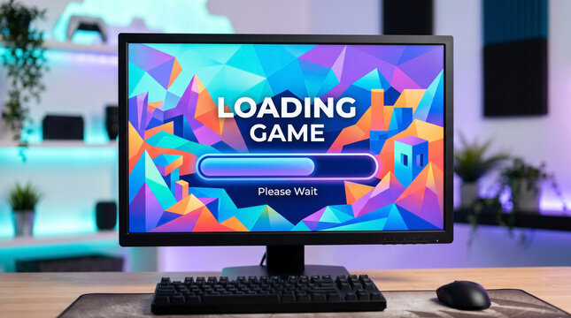 Computer monitor displaying colorful loading game screen. Gaming setup includes retro gaming graphics and neon lights on desk. Concept loading game for technology blog, web design, or digital media.