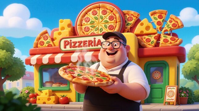 Smiling cartoon pizza maker holds fresh hot pizza outside colorful pizzeria. Building features large pizza decorations, cheese, and tomatoes. Sunny day sky with clouds.