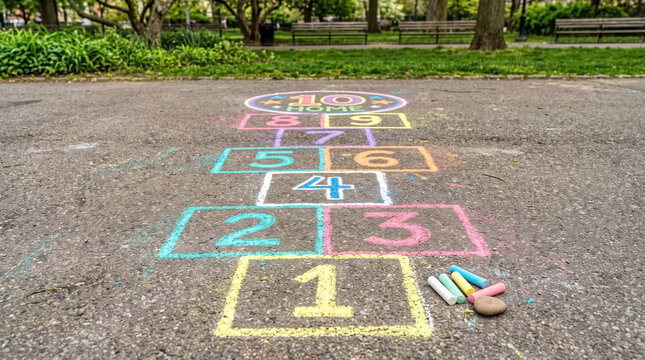 Colorful hopscotch game drawn with sidewalk chalk on park pavement. Outdoor hopscotch game shows numbered squares, bright chalk pieces, stone. Nostalgic hopscotch game concept for summer activity.