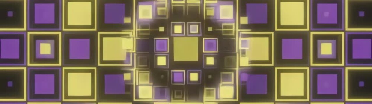 Glowing geometric squares forming a repetitive grid pattern on a dark surface creating a futuristic and technological visual.