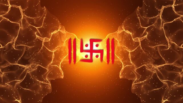An auspicious Indian swastika symbol glows crimson against radiant gold fabric waves and fine light particles. Perfect for Hindu ceremonies, spiritual greetings, prosperity themes and festive openers.