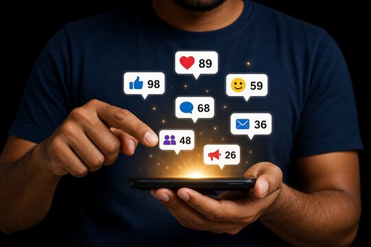 Person holding smartphone with floating social media icons and notifications