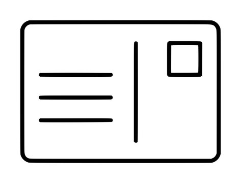 Hand-traced vector illustration of a classic postcard featuring a stamp box and address lines outlined in clean black strokes, simple line-art icon design