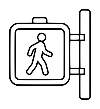 Hand drawn vector illustration of a pedestrian crossing traffic signal icon showing a walking figure sign mounted on a pole in minimalist black outline style for urban wayfinding design