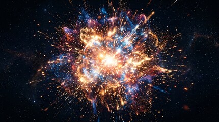 Fototapeta premium Supernova cosmic explosion bursting with glowing stardust, vibrant nebula particles, and fiery light in deep space.