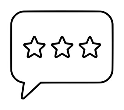 Three star rating review inside speech bubble outline, hand drawn minimal vector icon illustration, customer feedback and testimonial concept, simple black line art design on white background