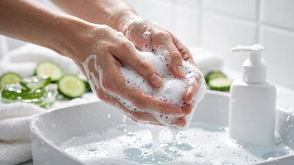 Fototapeta premium Hands Washing Soap Lather in a Clean Bathroom Sink