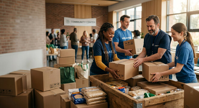 Diverse volunteers packing food boxes for donation at a local community center warehouse.