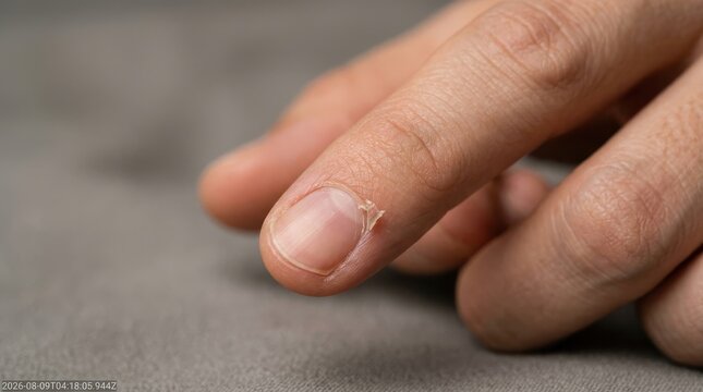Close up of a human finger showing a painful hangnail on the cuticle edge requiring medical attention or grooming for finger health and skin care