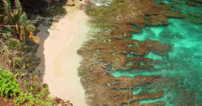 Top view of Broken beach natural pool and sandy shore on Nusa Penida Bali Indonesia