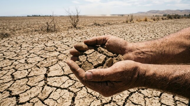 Close up of farmer hands holding dry cracked soil in barren landscape experiencing severe drought environmental crisis and global warming ecological