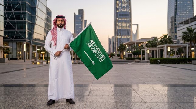 Saudi National Day 2026 Adult Saudi Man in White Thobe and Red Shemagh Holding KSA Flag Beside Riyadh Contemporary Architecture, Corporate Campaign Copy Space