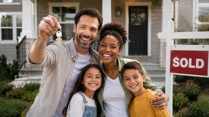 Obraz premium Family of four celebrating home purchase outside new house, father holding keys, mother smiling, children standing beside them in front of sold sign