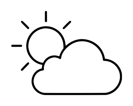 Hand drawn outline vector icon of a sun shining behind a fluffy cloud, depicting a partly cloudy weather day in simple black line illustration style on a clean background