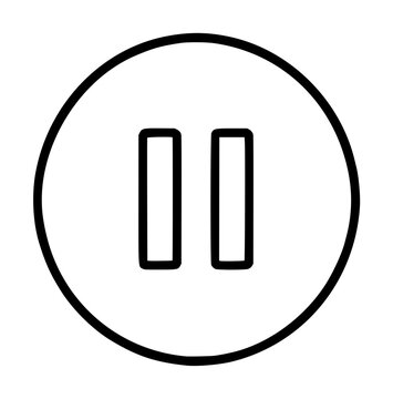 Minimalist hand-drawn pause button vector icon featuring two vertical black bars enclosed within a circular outline, clean monochrome line illustration for media playback control interfaces