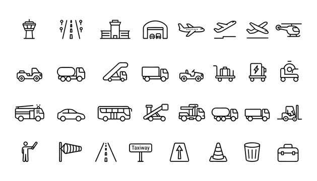 Airport Ground Support and Runway Transport Line Icon Set with Airfield Vehicles Service Trucks Airplanes Hangers Control Towers and Logistics Equipment for Terminal Media