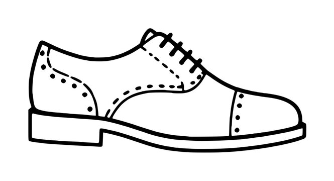 Hand-drawn vector icon illustration of a classic Oxford lace-up dress shoe, featuring elegant brogue detailing, stitched seams, and a sturdy sole in minimalist black line art on white background
