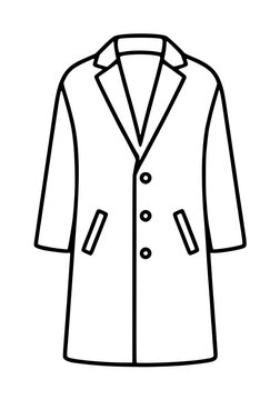 Hand-traced vector icon illustration of a classic long overcoat with notched lapels, three front buttons, side pockets, and long sleeves, rendered in clean black outlines on a white background,