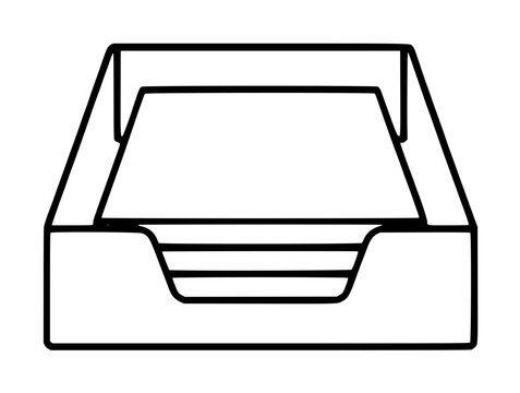 Hand-drawn paper tray inbox organizer icon, monochrome line art vector illustration for office desk decor, minimalist sketched letter holder document tray