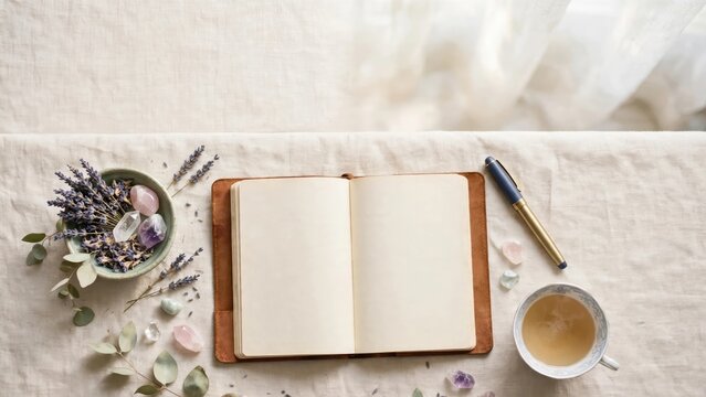 Cozy Flat Lay of Journaling Supplies, Tea, and Lavender