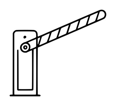 Hand-drawn black line vector icon of a parking barrier gate with striped arm, illustrated in minimalist outline style for traffic control signage and security graphics