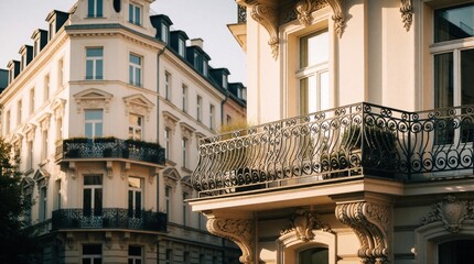 Fototapeta premium Luxury white apartment building with ornate balconies in European city. Elegant architecture mixed with modern design, sunny views, high-end interior style, city vibe and historic charm.