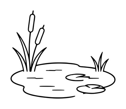 Serene pond vector icon with elegant cattails and floating lily pads in a minimalist line art style. This clean black and white illustration depicts a peaceful wetland nature scene for design