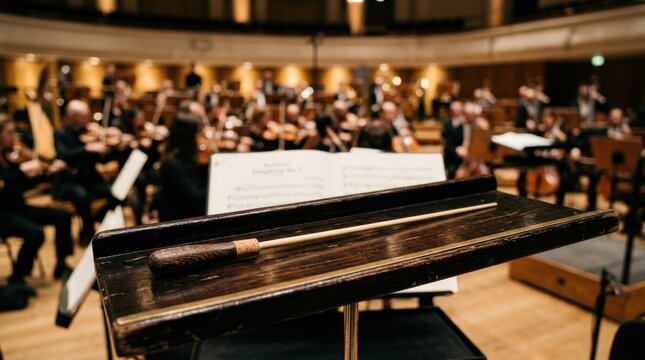 Conductor baton resting on a musical score stand with an orchestral ensemble performing in the blurred background inside a classic wooden concert hall