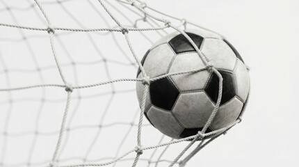 Fototapeta premium A classic black and white soccer ball hitting the back of a mesh goal net representing victory scoring and the thrill of professional sport competition