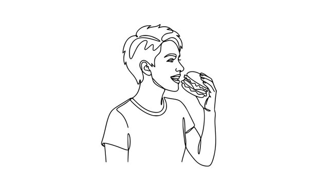 Continuous line young woman biting hamburger hand drawn food minimalist vector icon