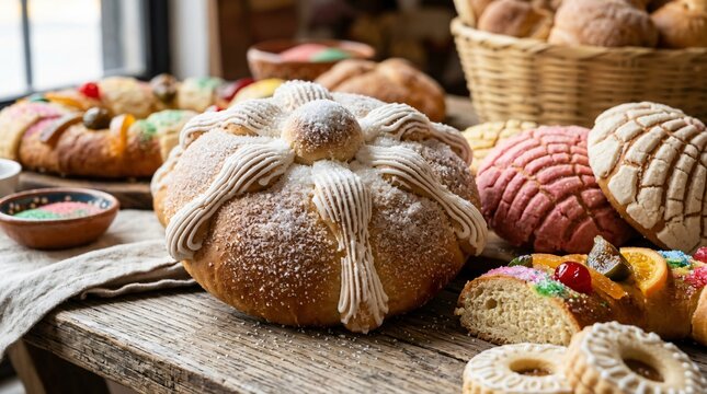 Traditional Mexican pan dulce assortment with pan de muerto, conchas, and rosca de reyes on a rustic wooden table, celebrating Hispanic heritage.