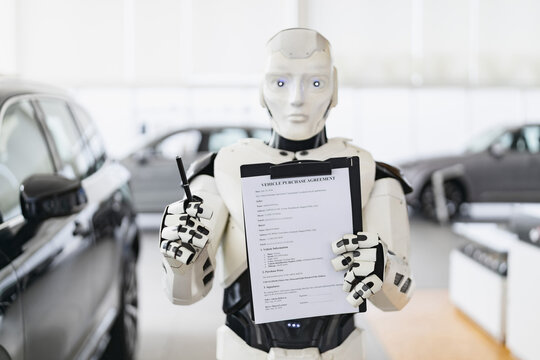 A humanoid robot stands in a car dealership holding a pen and a vehicle purchase agreement for a potential buyer