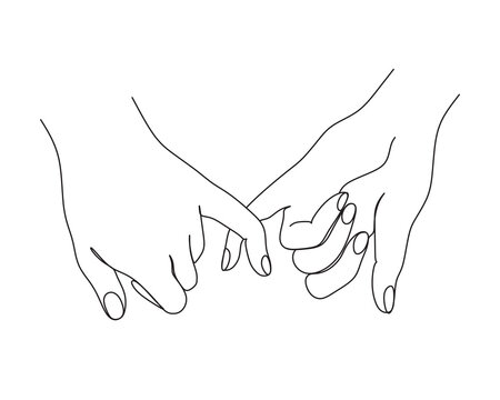 Continuous line drawing of two hands touching fingers, minimalist vector illustration symbolizing love and connection