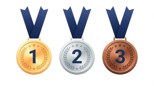 Set of three shiny gold silver and bronze metal award medals with numbered ranks and blue ribbon banners isolated on white background