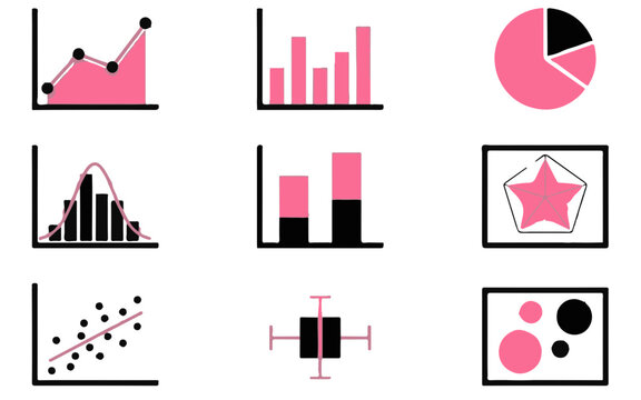 A contemporary set of pink and black data charts and graphs ideal for business reports and insightful analytical presentations
