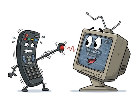 Cute cartoon remote control shaking antenna at retro television set, fun electronics illustration, funny interactive characters, animated vector art