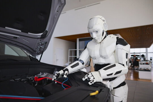 A humanoid robot examines and performs maintenance on a car engine in a modern setting