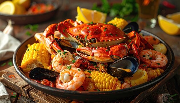 Delicious seafood boil with crab shrimp.