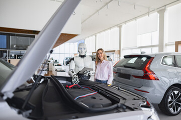 Fototapeta premium A humanoid robot with a tablet inspects a car engine while a woman stands nearby in a modern dealership showroom