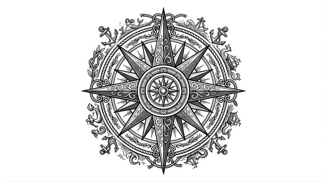 Vintage Nautical Compass Rose with Maritime Symbols for Navigation