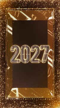 Silver 2027 numbers glow inside one polished golden frame surrounded by dense glitter, bokeh and radiant particles. Perfect for luxury New Year greetings, countdown openers and premium event displays.