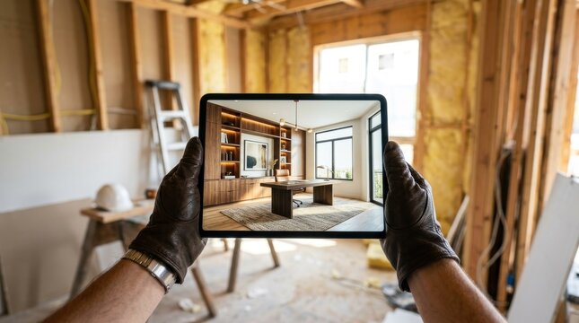 Contractor holding a tablet showing augmented reality visualizer of a modern completed office interior inside a building under construction framing