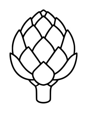 Hand-traced black outline vector icon illustration of a stylized artichoke vegetable with layered pointed bracts, suitable for culinary, botanical, and minimalist design projects