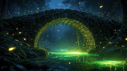 Naklejka premium Old stone arch bridge over glowing green river in dark forest at night. Fireflies and mist create magical fairy tale atmosphere. Peaceful nature scene.