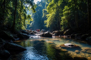 Fototapeta premium Tropical jungle river flows through rich Borneo forest. Small group of hikers walk near rocks, stream in green wild nature. Clear water pool reflects sunlight under dense trees. Scenic landscape view